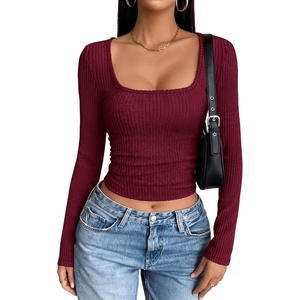 image:imageANRABESS Womens Square Neck Crop Tops Long Sleeve ShirtsBurgundy