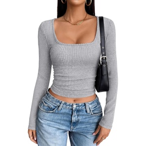 image:imageANRABESS Womens Square Neck Crop Tops Long Sleeve ShirtsGrey