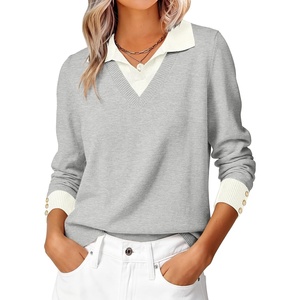 image:imageANRABESS Womens Sweaters Fall Long Sleeve Polo Lightweight Pullover TopsGrey