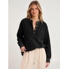 image:imageANRABESS Womens Fuzzy Sherpa Sweatshirts Henley V Nek Fleece PulloverBlack