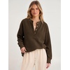 image:imageANRABESS Womens Fuzzy Sherpa Sweatshirts Henley V Nek Fleece PulloverBrown