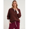 image:imageANRABESS Womens Fuzzy Sherpa Sweatshirts Henley V Nek Fleece PulloverWine Red
