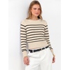 image:imageANRABESS Womens Long Sleeve Cropped Crew Neck Lightweight Fall SweatersLight Parchment Black Stripe