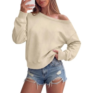 image:imageANRABESS Womens Off Shoulder Sweatshirt Loose Crop TopsBeige