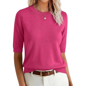image:imageANRABESS Short Sleeve Sweater for Women Wool Blend Business Casual TopsHot Pink