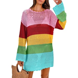image:imageANRABESS Women Swimsuit Cover Up Beach Crochet Bathing Suit Mini DressRainbow Stripe