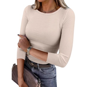 image:imageANRABESS Womens 34 Long Sleeve Shirts Ribbed Slim Fitted Fall TopsBeige