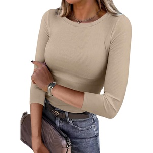 image:imageANRABESS Womens 34 Long Sleeve Shirts Ribbed Slim Fitted Fall TopsLight Khaki
