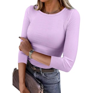 image:imageANRABESS Womens 34 Long Sleeve Shirts Ribbed Slim Fitted Fall TopsPurple