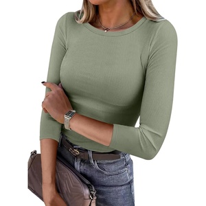 image:imageANRABESS Womens 34 Long Sleeve Shirts Ribbed Slim Fitted Fall TopsSage Green
