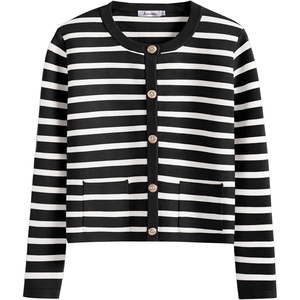 image:imageANRABESS Womens Button Down Cropped Striped Cardigan SweatersBlack White Stripe