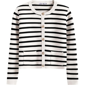image:imageANRABESS Womens Button Down Cropped Striped Cardigan SweatersWhite Black Stripe