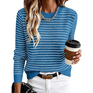 image:imageANRABESS Womens Fall Long Sleeve Striped Crochet Sweaters TopBlue