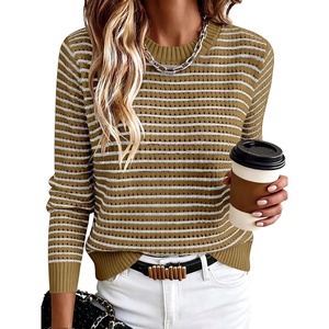 image:imageANRABESS Womens Fall Long Sleeve Striped Crochet Sweaters TopBrown White