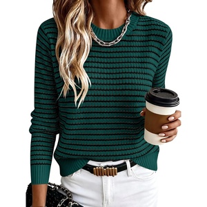image:imageANRABESS Womens Fall Long Sleeve Striped Crochet Sweaters TopDeep Green Black