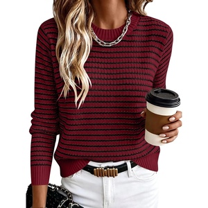 image:imageANRABESS Womens Fall Long Sleeve Striped Crochet Sweaters TopDeep Red Black
