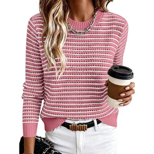 image:imageANRABESS Womens Fall Long Sleeve Striped Crochet Sweaters TopPink White