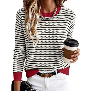 image:imageANRABESS Womens Fall Long Sleeve Striped Crochet Sweaters TopRed White Black