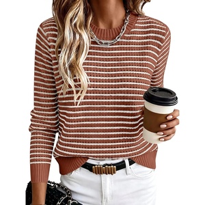 image:imageANRABESS Womens Fall Long Sleeve Striped Crochet Sweaters TopRust Rose White