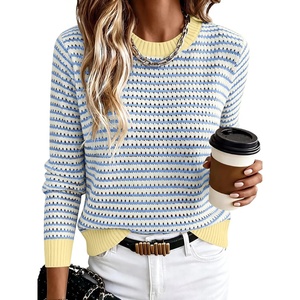 image:imageANRABESS Womens Fall Long Sleeve Striped Crochet Sweaters TopYellow White Blue