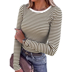 image:imageANRABESS Women Long Sleeve Shirts Ribbed Fitted TopsBrown Striped