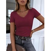 image:imageANRABESS Short Sleeve Tops for Women V Neck Ribbed Knit Basic Tee ShirtsDeep Red