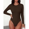 image:imageANRABESS Womens Built in Bra Long Sleeve Ribbed BodysuitsDeep Brown