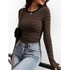 image:imageANRABESS Womens Long Sleeve Shirts Ruched Fitted TopsBlack Brown Stripe