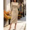 image:imageANRABESS Womens Long Sleeve WrinkleFree Fall Tie Waist Midi DressAlmond