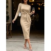 image:imageANRABESS Womens Long Sleeve WrinkleFree Fall Tie Waist Midi DressAlmond