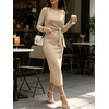 image:imageANRABESS Womens Long Sleeve WrinkleFree Fall Tie Waist Midi DressAlmond