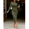 image:imageANRABESS Womens Long Sleeve WrinkleFree Fall Tie Waist Midi DressArmy Green