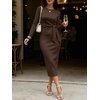 image:imageANRABESS Womens Long Sleeve WrinkleFree Fall Tie Waist Midi DressBrown