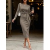 image:imageANRABESS Womens Long Sleeve WrinkleFree Fall Tie Waist Midi DressCoffee Grey