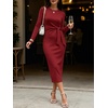 image:imageANRABESS Womens Long Sleeve WrinkleFree Fall Tie Waist Midi DressDark Red