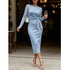 image:imageANRABESS Womens Long Sleeve WrinkleFree Fall Tie Waist Midi DressLight Blue