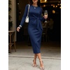 image:imageANRABESS Womens Long Sleeve WrinkleFree Fall Tie Waist Midi DressNavy Blue