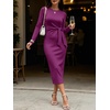 image:imageANRABESS Womens Long Sleeve WrinkleFree Fall Tie Waist Midi DressPurple Red