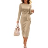 image:imageANRABESS Womens Long Sleeve WrinkleFree Fall Tie Waist Midi DressAlmond