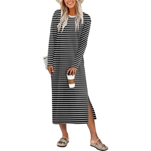 image:imageANRABESS Long Sleeve Midi Dresses for Women Fall T Shirt DressBlack White Stripe