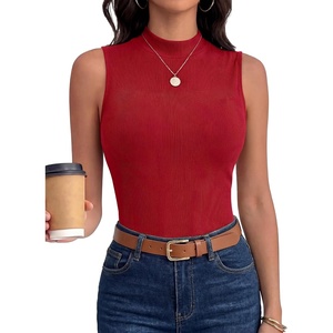 image:imageANRABESS Mock Neck Tank Tops for Women Ribbed Slim Fit Sleeveless TopsRed