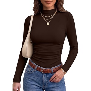 image:imageANRABESS Women Long Sleeve Mock Neck Shirts Fall Ruched Fitted Thermal TopsCoffee