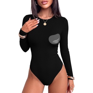 image:imageANRABESS Womens Built in Bra Long Sleeve Ribbed BodysuitsBlack