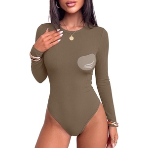 image:imageANRABESS Womens Built in Bra Long Sleeve Ribbed BodysuitsLight Brown