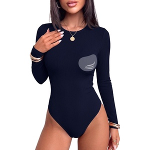 image:imageANRABESS Womens Built in Bra Long Sleeve Ribbed BodysuitsNavy Blue