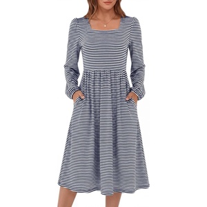image:imageANRABESS Womens Fall Long Sleeve ALine Midi DressBlue White Stripe