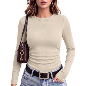 image:imageANRABESS Womens Long Sleeve Shirts Ruched Fitted TopsBeige