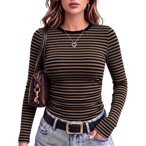 image:imageANRABESS Womens Long Sleeve Shirts Ruched Fitted TopsBlack Brown Stripe