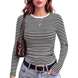 image:imageANRABESS Womens Long Sleeve Shirts Ruched Fitted TopsBlack White Stripe