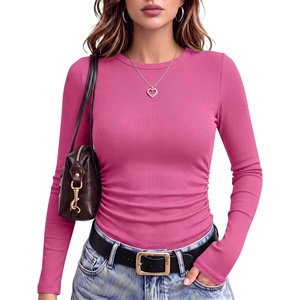 image:imageANRABESS Womens Long Sleeve Shirts Ruched Fitted TopsHot Pink